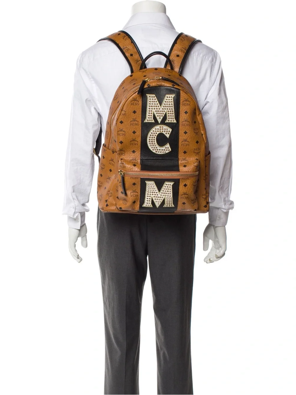 Authentic MCM Stark Stripe Studs Backpack – Cognac Visetos Canvas - Pre Loved